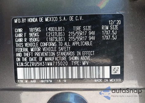 2021 Honda Hr-V 2Wd Lx from USA, damaged, VIN 3CZRU5H31MM715020